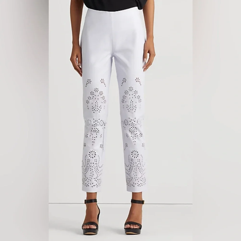 Ralph Lauren Eyelet-Embroidered Leather Ankle Pant White - Picture 2 of 7